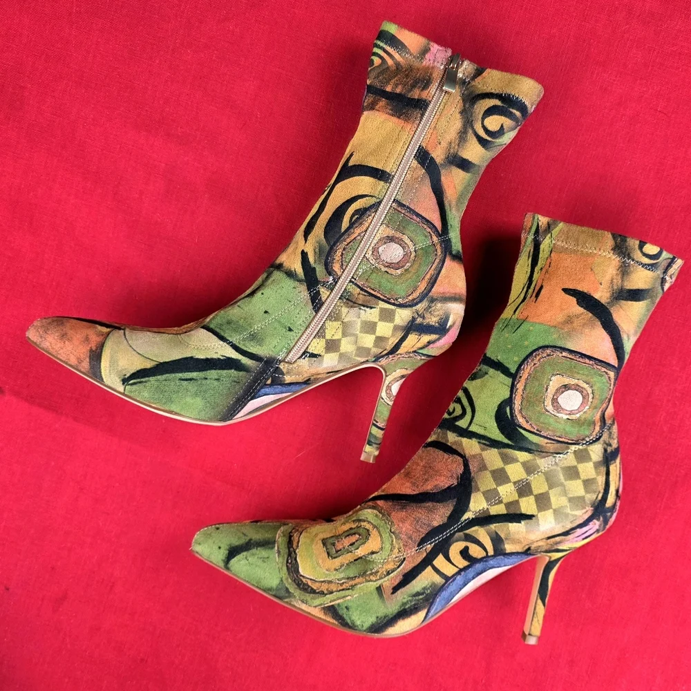 Vivianly Pointy Toe Stiletto Heels Printed Sock Ankle Booties - Picture 3 of 16